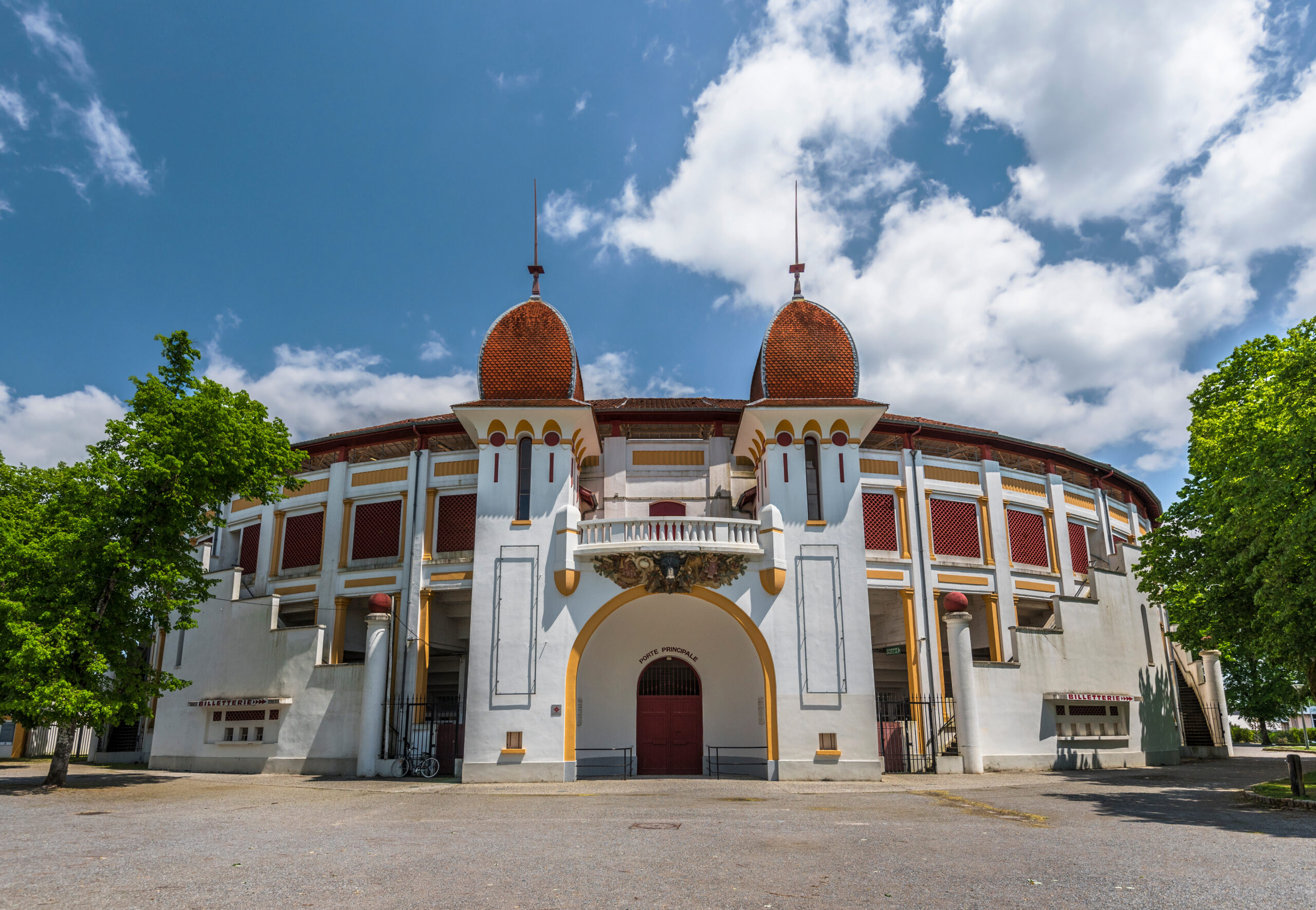 The frontal view of bullfighting arena in Dax in Southwestern France, Landes, Nouvelle Aquitaine.